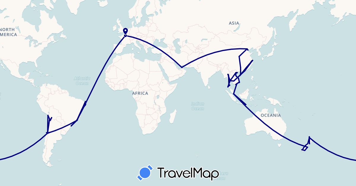 TravelMap itinerary: driving in United Arab Emirates, Argentina, Bolivia, Brazil, Chile, China, France, Indonesia, Cambodia, New Zealand, Singapore, Thailand, Vietnam (Asia, Europe, Oceania, South America)